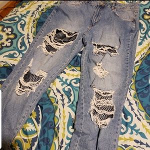Distressed fishnet boyfriend jeans